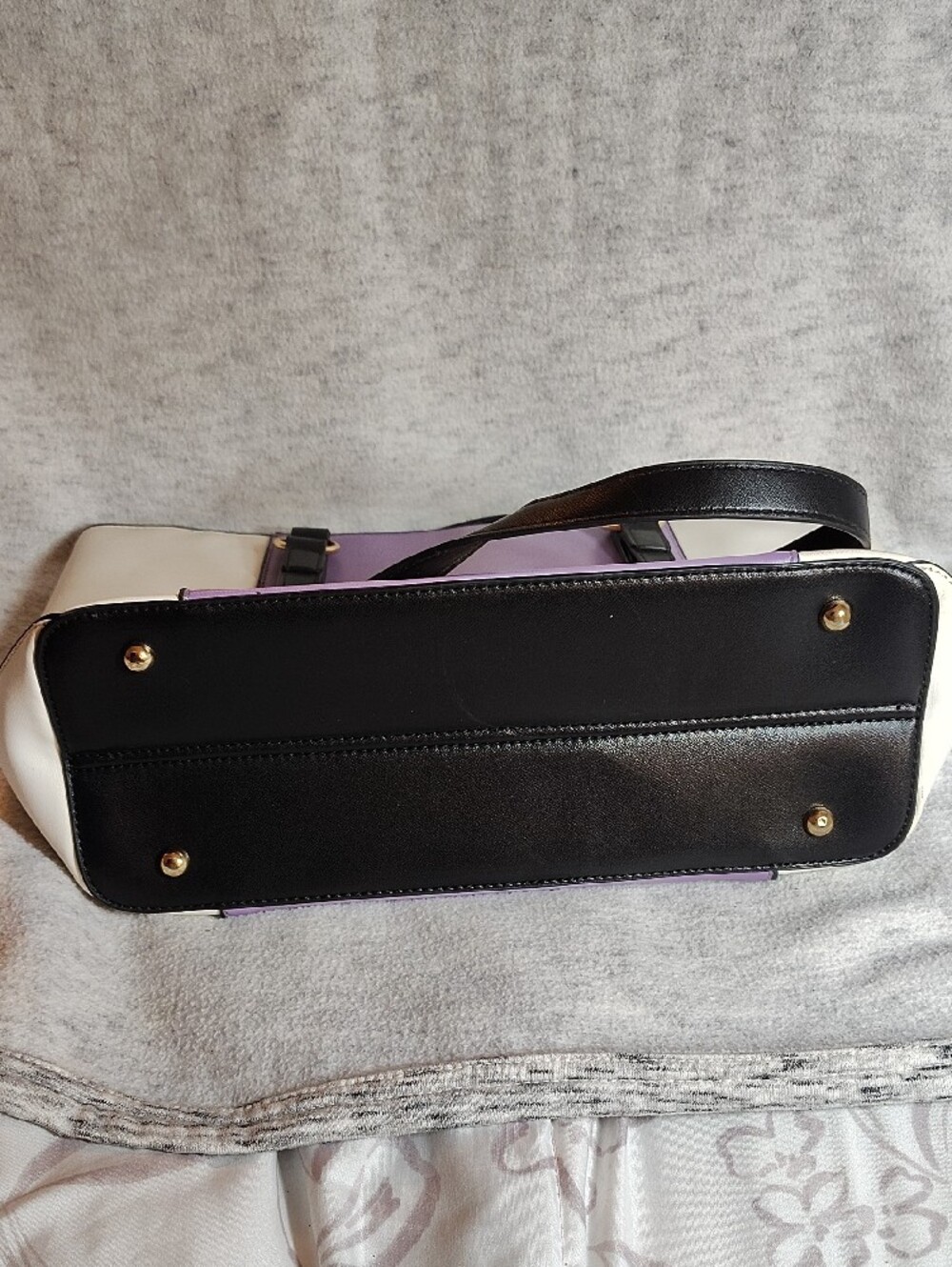 Two-Tone Purple and White Tote Bag with Black Handles - Picture 3 of 4